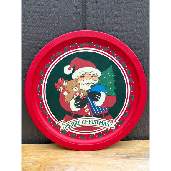Vintage Round Metal Merry Christmas Santa Cookie Tin Serving Tray Red Taiwan - Picture 1 of 4